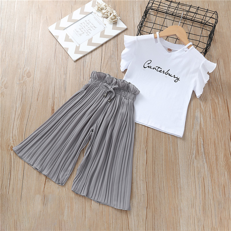 Summer Girls Clothing Sets Kids T-shirt Wide Leg Pants Suits Children Short Sleeve Baby Girl Clothes