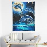 Cmefzd Cute Dolphin Tapestry Moon Night View Wall Hanging Art for Kids Teens Girls Boys Room Decor Ocean Animals Table Accessories Fantasy Blue Table Cover 30x40in