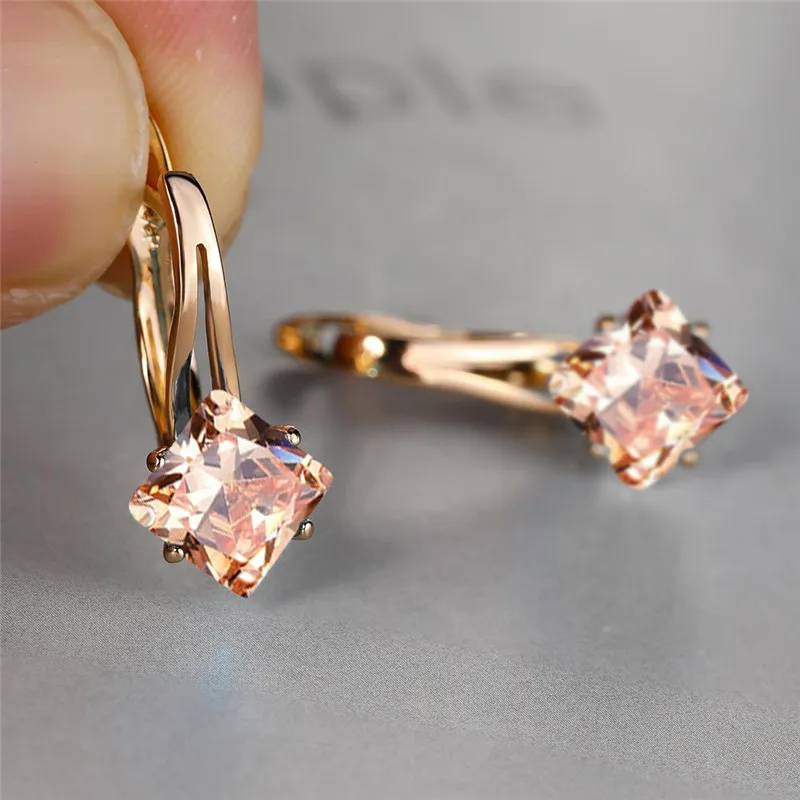 Nette Weibliche Champagner Quadrat Schmuck Luxus Kristall Zirkon Stein Hoop Ohrring Rose Gold Farbe Hochzeit Ohrringe Für Frauen Image
