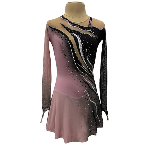Eiskunstlaufkleid Damen Mädchen Eislaufen Kleider Rosa Patchwork Daumenloch Gitter Spandex elastisch Ausbildung Praxis Professionell Eiskunstlaufkleidung Kristalle Langarm Eislaufen Eiskundstlauf Image