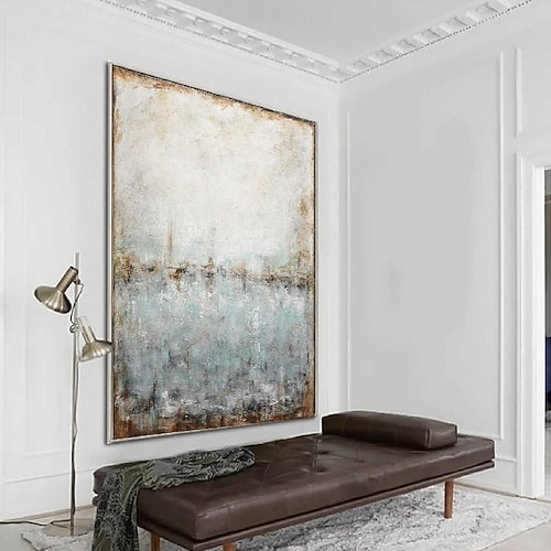 minimalistisches abstraktes Berggemälde, handgemalt, extragroßes Landschaftsfoliengemälde, Wandkunst, grau-goldenes Leinwandgemälde auf Leinwand, große Wandkunst, abstraktes Gemälde für Wohnzimmer Image