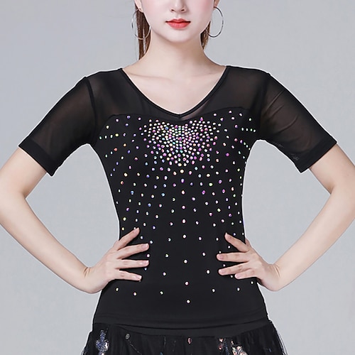 Latein-Tanz Für den Ballsaal oben Pure Farbe Farbaufsatz Kristalle / Strass Damen Leistung Ausbildung Kurzarm Hoch Terylen Image