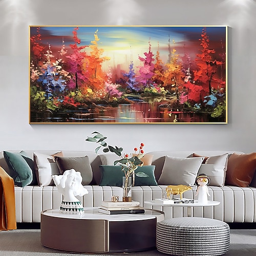 Mintura handgefertigte farbige Wald-Ölgemälde auf Leinwand, große Wandkunst, Dekoration, modernes abstraktes Baumlandschaftsbild für die Inneneinrichtung, gerolltes, rahmenloses, ungedehntes Gemälde Image