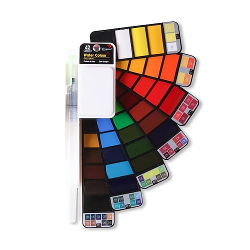 überlegene 18/25/33/42 Farbe solide fächerförmige Aquarellfarbe Aquarellmalwerkzeug-Set Kindersicherheit ungiftig waschbare Aquarellfarbe Mini-tragbares Reise-Malzubehör Image