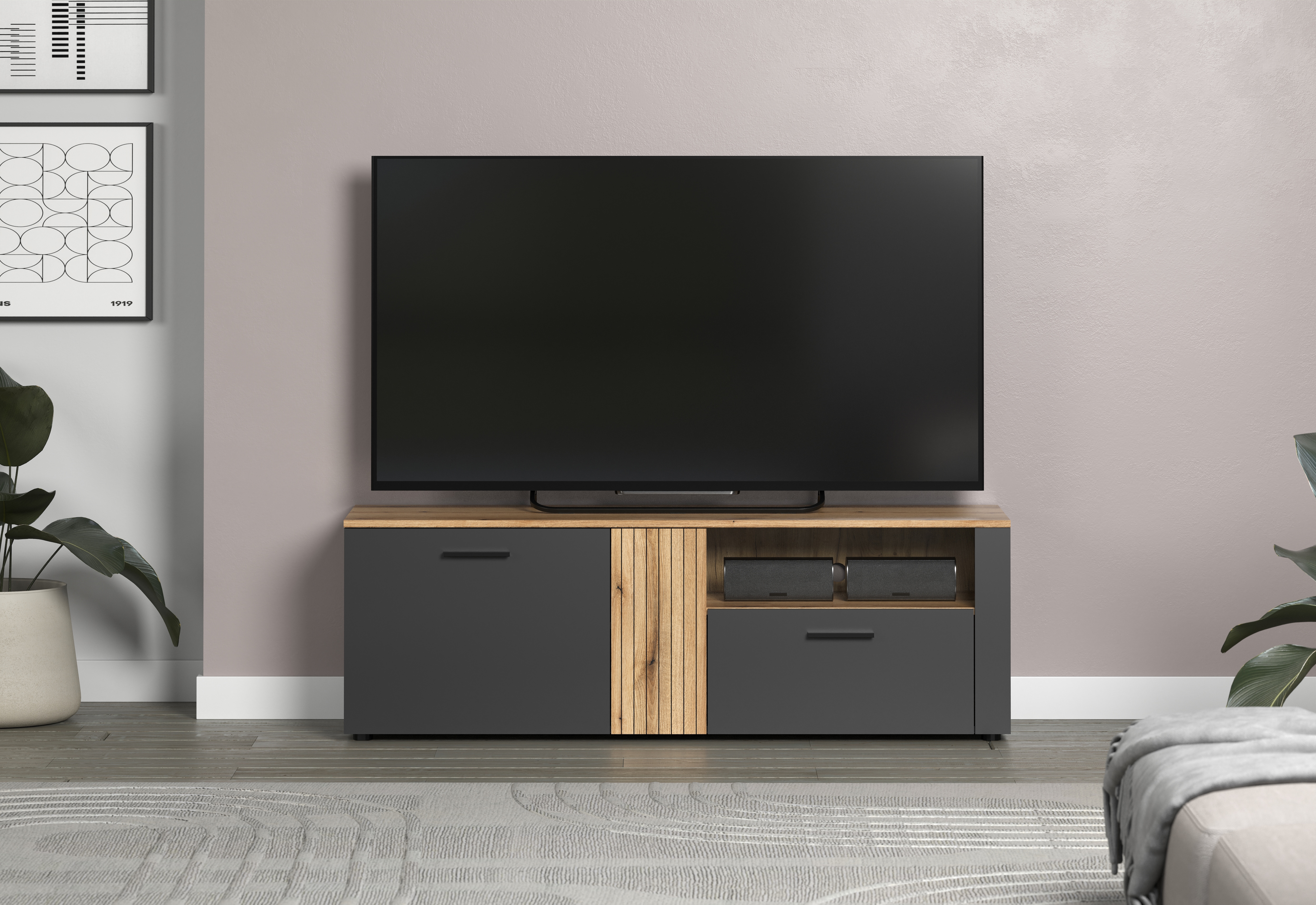 TV-Bank INOSIGN "Estepona", schwarz (anthrazit und eichefarben), B:150cm H:50cm T:42cm, FSC-zertifizierter Holzwerkstoff, Kunststoff, Sideboards, TV-Board, 2 Türen, 1 Schublade, 1 Fach - (B/T/H) 150/42/50 cm
