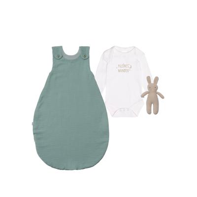 Erstausstattungspaket LILIPUT "Kleines Wunder", Baby, Gr. 50/56, grün (weiß, grün), 100% Baumwolle, KOB Set-Artikel, mit Body, Musselinschlafsack und Strick-Hasen Image