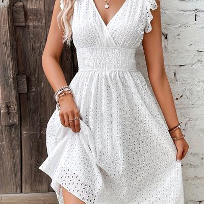 Shirred Waist Hollow A-line Dress, Vacation V Neck Ruffle Sleeve Dress For Spring & Summer, Women's Clothing Wedding Graduation Engagement Occasion Ceremony Party Holiday Vacation Birthday