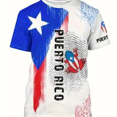 Puerto Rico Themed Color Block Digital Print Men's Creative Short Sleeve Crew Neck T-shirt, Summer Outdoor