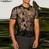 INCERUN Tops 2024 American Style Men's Sexy See-through Printed T-shirts Leisure See-through O-neck