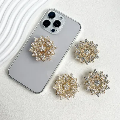 Luxury Quality Mobile Phone Holder Metal Set Pearl Fashion Socket Talk Grip Foldable Phone Stand Shiny Phone Decoration