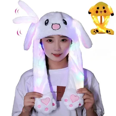 LED Glowing Plush Ear Moving Jumping Rabbit Hat Adults Kids Funny Glowing Ear Moving Bunny Hat Cosplay Christmas Party Hats