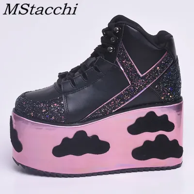 Colorful clouds Platform Shoes For Woman Punk Style Lace-up High Heel Wedges Shoes Sweet Women Ankle