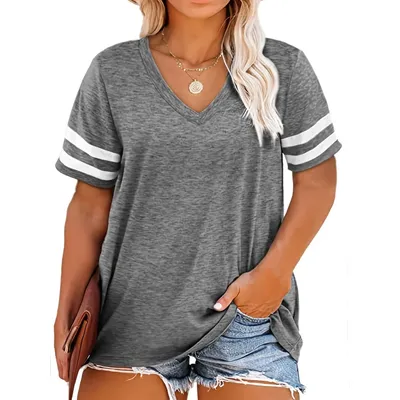 Women's Plus Size 1XL-8XL Casual V-neck Short Sleeved Solid Color Loose T-shirt Sports Outdoor Top