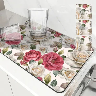 Watercolor Style Absorbent Mat Plant Flower Rose Draining Mat Kitchen Tableware Drying Tableware Non-slip Carpet Tableware