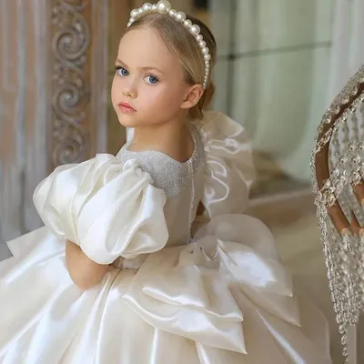 Princess Dress High End Girl Dress White Satin Flower Girl Host Wedding Dress Birthday Little Girl