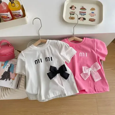 New Girls T-shirt Cotton Short Sleeve Tees Summer Kids Bow Top Sweet Slit Children Beaded T-shirts