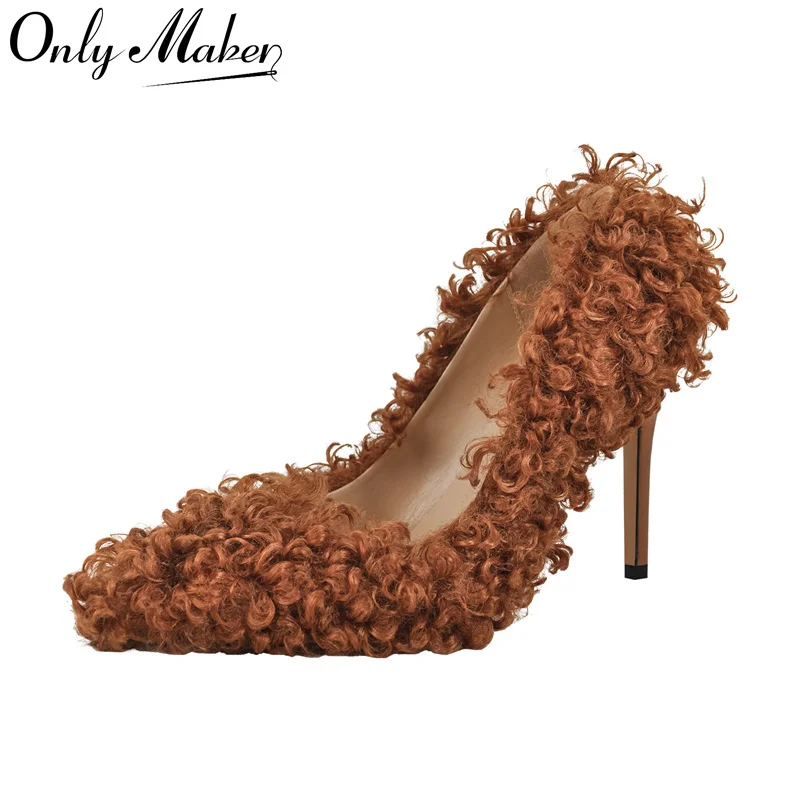 Onlymaker Women Pumps Brown Faux Fur Pointed Toe 10CM Slip-On Thin Heels Party Wedding Office Lady Big Size Shoes