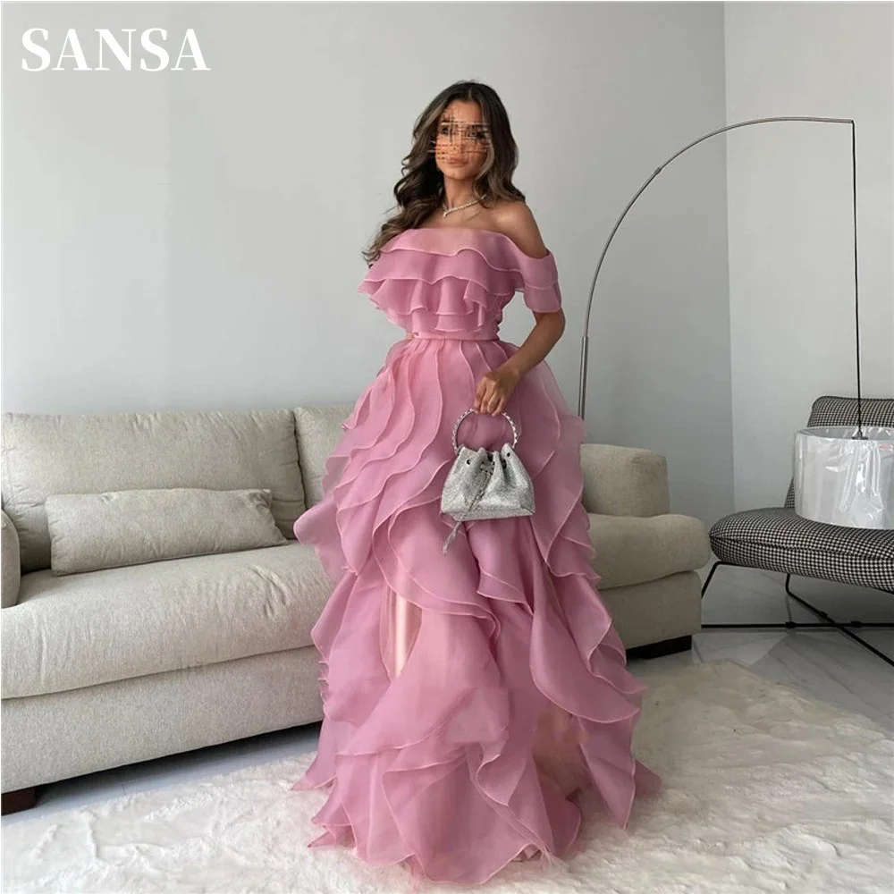 Sansa Off Shoulder Prom Dress Edge Curl Organza Vestidos De Noche Elegant Multilayer Puffy Prom Dress Maxi Weddding Dress