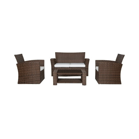 WestinTrends 4pc Outdoor Furniture Conversation Sofa Set with Loveseat Cofee Table and Cushions All Weather UV Resistant Rattan Wicker Patio Chairs Brown/White