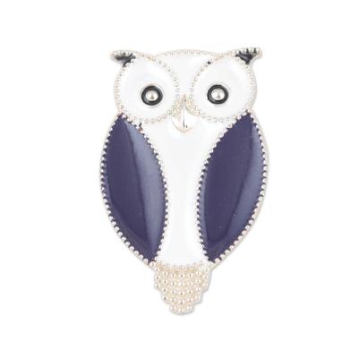 Glorious Owl,'Blue Owl-Themed Sterling Silver Brooch Pin from India'