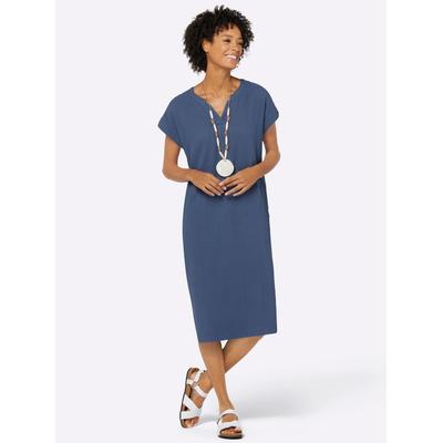 Sommerkleid CASUAL LOOKS "Kleid", Damen, Gr. 52, Normalgrößen, blau (jeansblau), 100% Baumwolle, unifarben, knielang, V-Ausschnitt, Kurzarm, Kleider Image