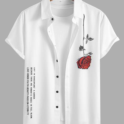TEMU Men's Casual Rose Print Short Sleeve Shirt - Polyester, Button-up With Asymmetrical Hem, Summer Fashion, Black & White With , Print Shirt Image