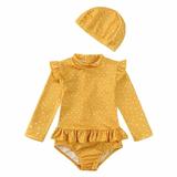 JWZUY Toddlers Girls Cute Swimwear One Piece Long Sleeve Bathing Suit Beachwear Polka Dot Ruffle Layer Swimsuits with Hat Yellow 3-4 Years
