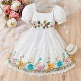 YWDJ Flower Girl Dress Toddler Girls Lace Floral Embroidered Dress 4-8 Years Old Bubble Sleeve Embroidered Hem Princess Dresses White 7Y
