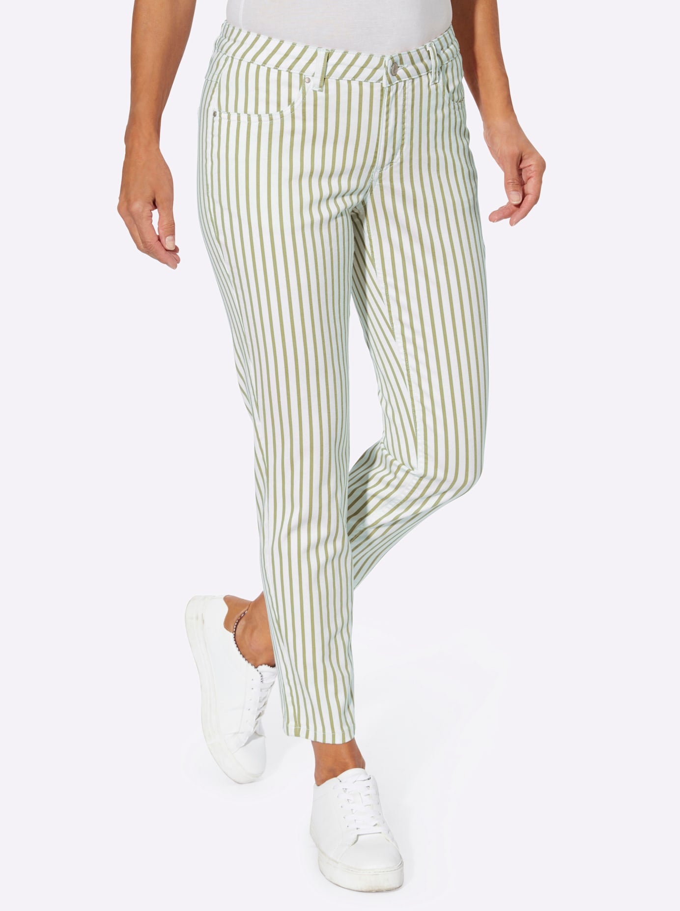 Bequeme Jeans CASUAL LOOKS, Damen, Gr. 22, Kurzgrößen, grün (schilf, ecru, gestreift), 97% Baumwolle, 3% Elasthan, gemustert, mehrfarbig, lang, Jeans