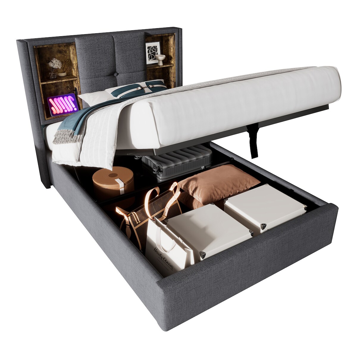 Merax 90x200cm Einzelbett mit Kabellosem Laden USB C, Polsterbett , Bettgestell mit Stauraum Lattenrost aus Holz-Grau Baumwolle (Ohne Matratze) Image