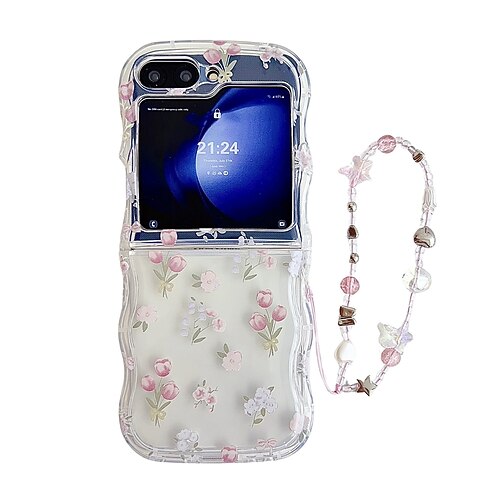 Handy Hülle Handyhüllen Für Samsung Galaxy Z Flip 6 Z Flip 5 Z Flip 4 Z Flip 3 Rückseite Durchscheinend Mit Handgelenkschlaufe Stoßfest Cartoon Blumendruck TPU Image