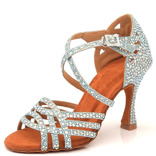 Damen Schuhe für den lateinamerikanischen Tanz Salsa Schuhe Innen Leistung Glitzer Kristall Pailletten Juwelen Absätze Weichere Einlegesohle Stöckelschuh Peep Toe Kreuzgurt Erwachsene Silber Image