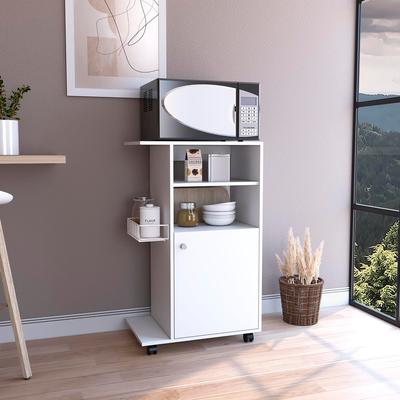 Modern Microwave Countertop Kitchen Cart with Single Door Cabinet and 2 Shelves, 4 Casters