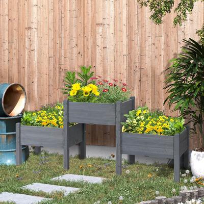 Raised Garden Bed with 3 Planter Box, Elevated Wooden Plant Stand with Drainage Holes,Gray