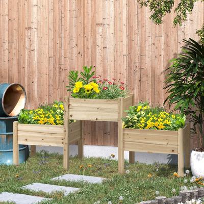 Raised Garden Bed with 3 Planter Box, Elevated Wooden Plant Stand with Drainage Holes,Natural