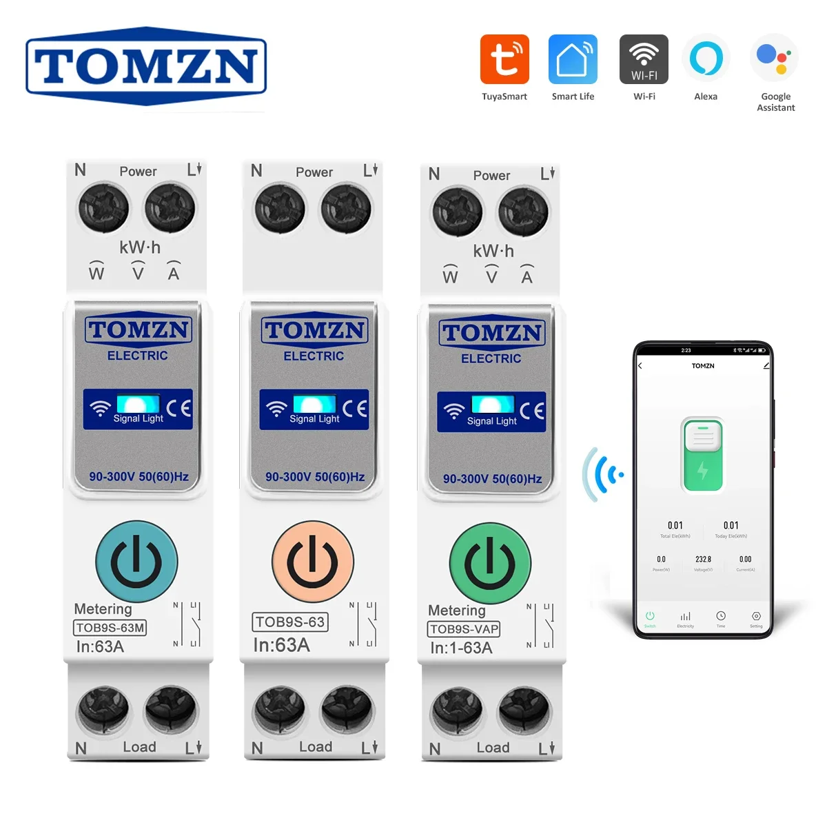 TUYA smartlife 1- 63A TOMZN 1P + N WIFI Smart Switch Contatore di energia Kwh Misurazione Monitoraggio Interruttore Temporizzatore Relè MCB