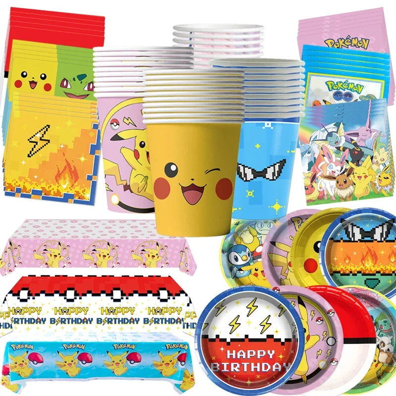 Pokemon Geschirr Pikachu Geburtstag Dekoration Party Supplies Wasserdichte Tischdecke Einweg Teller Pappbecher Serviette Raumdekoration Image