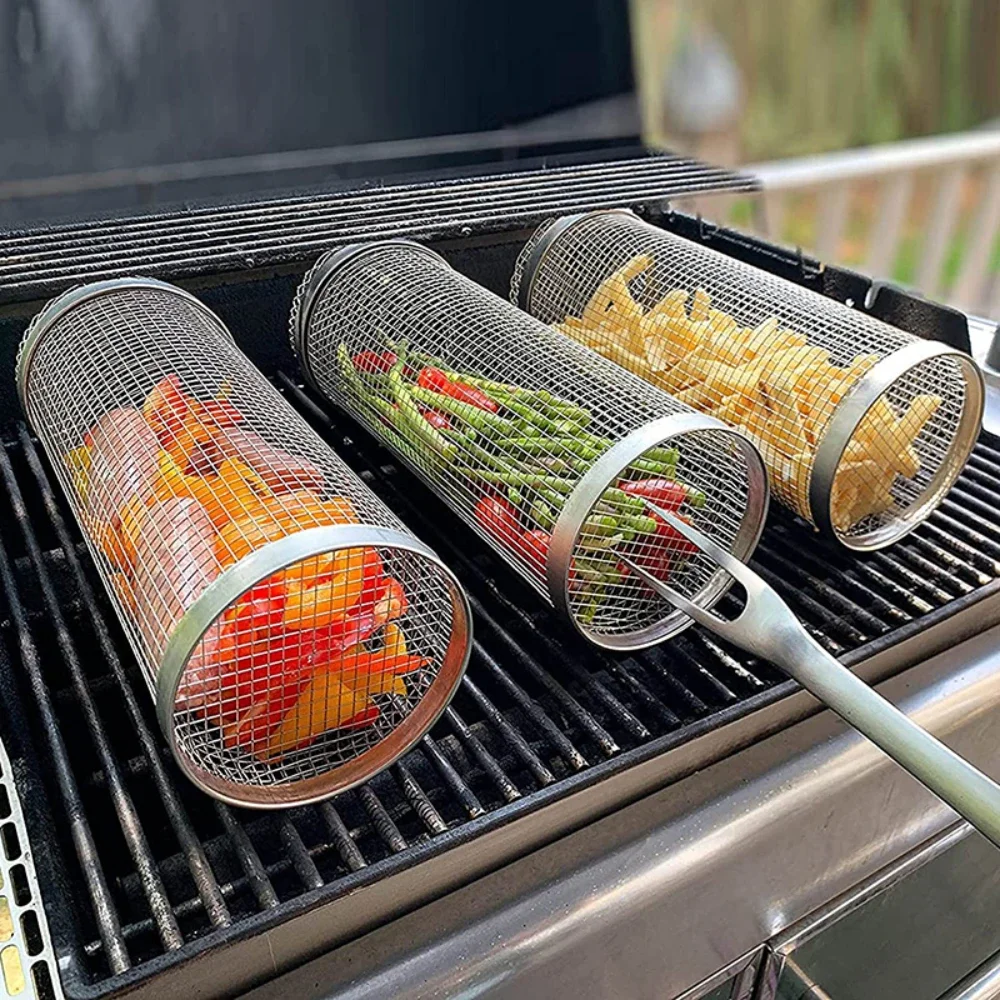 BBQ Korb Edelstahl Roll Grillen Korb Draht Mesh Zylinder Grill Korb Tragbare Runde Outdoor Camping Grill Rack Image