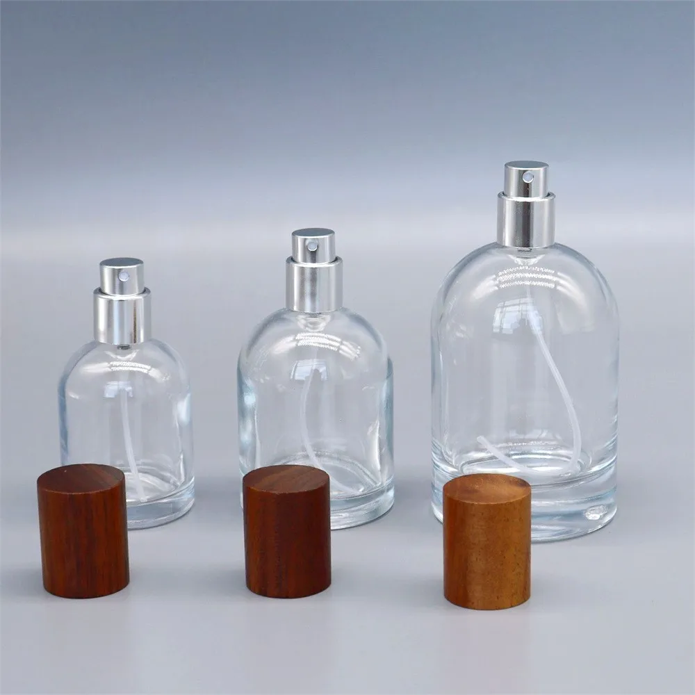 30ml/50ml/100ml baionetta 15mm tappo in legno bottiglia di profumo bottiglia Spray in vetro contenitore di erogazione cosmetica bottiglia vuota riutilizzabile