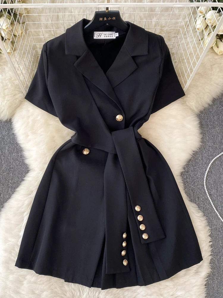 Retro Schwarz Blazer Kleid Frauen Revers Kurzarm Kurze Kleider Sommer Casual Kurzarm Schlank Verband Kleid Vestidos