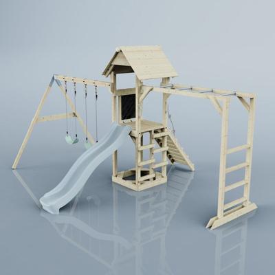 Rebo Klettergerüst aus Holz mit Wellenrutsche Outdoor Spielturm mit Kinderschaukel, Trapezstange,