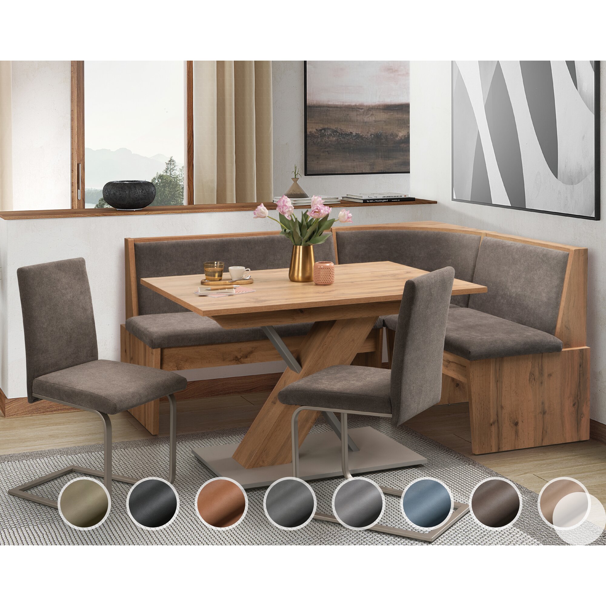 Schösswender »Inka« Eckbankgruppe I 147x187 cm / Gavin 11 dunkelgrau / geschlossen / Spitzecke / Appalachian Oak Dekor