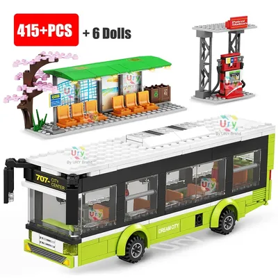 City Traffic Car Green Blue Passenger Bus Station Single-Deck Public Set Figures Model Building