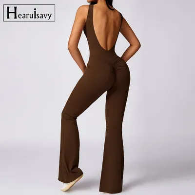 Sleeveless One-piece Suit Women Backless Sports Jumpsuit Female Flared Rompers Quick Drying Yoga