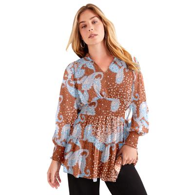 Plus Size Women's Smocked Georgette Tunic by June+Vie in Fall Paisley Copper (Size 14/16)