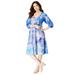 Plus Size Women's Printed V-Neck Dress by Roaman's in Blue Multi Floral (Size 30/32)
