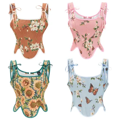 Vintage Blumen kurze Schnürung Über brust Korsett Crop Tops Frauen Retro Stick gurte ästhetische Image