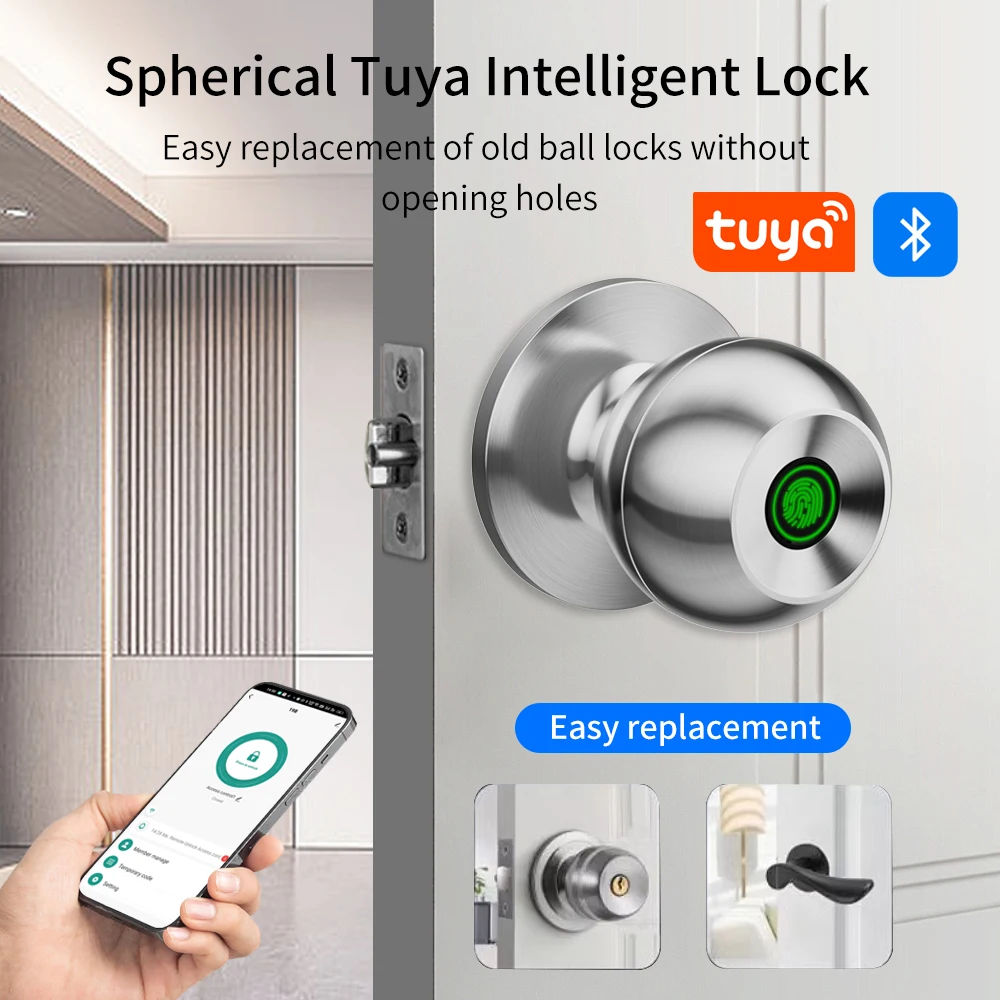 Tuya Knob Lock Holz Türschloss Passwort Fingerprint Bluetooth Elektronische Knobset Mechanische Schlüssel Autolock APP entsperren Digit Image