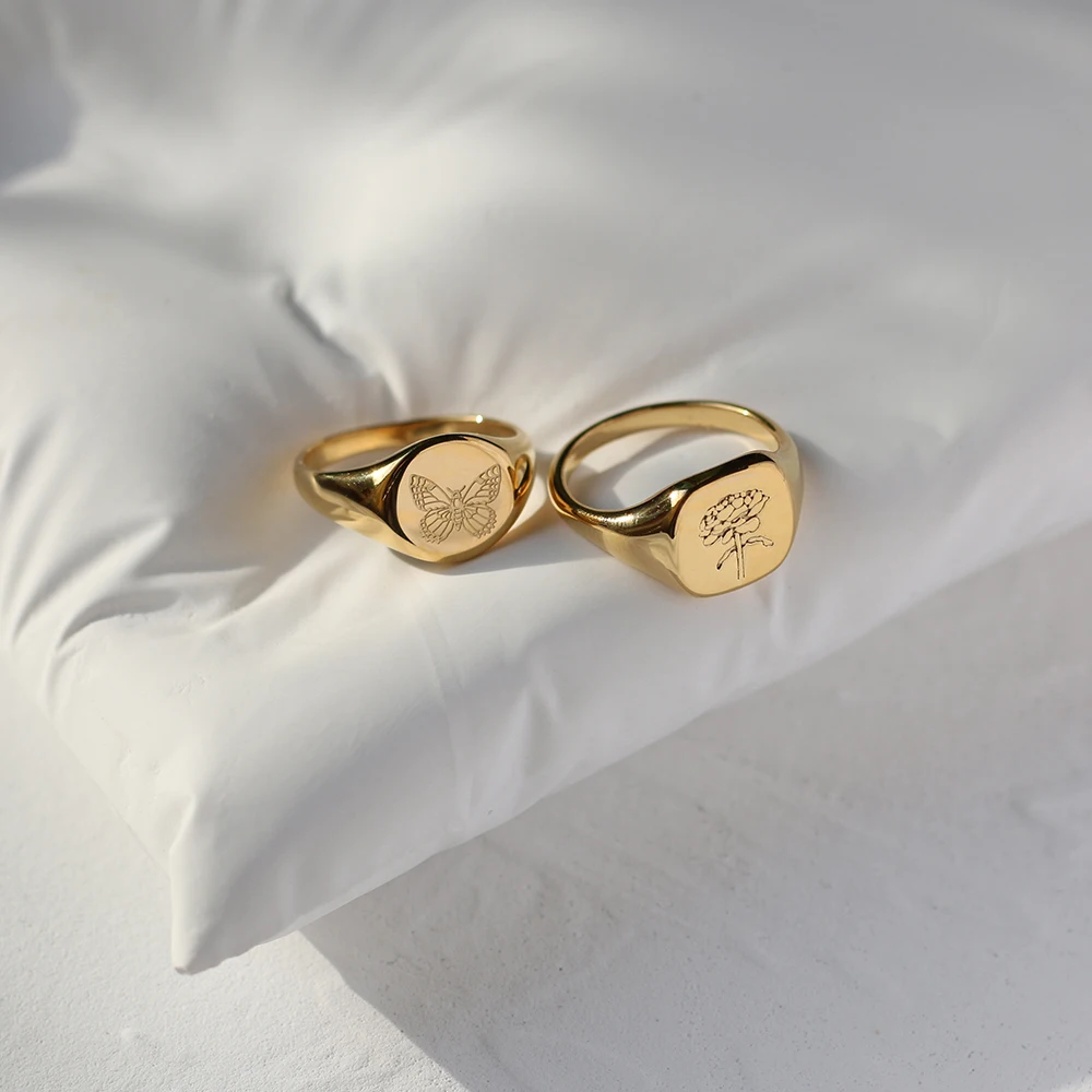 Nuovo acciaio inossidabile PVD 18K placcato oro inciso farfalla peonia fiore anelli con sigillo per le donne gioielli anello impermeabile