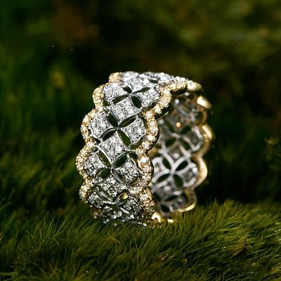 TEMU 1pc Youhaocc Luxurious Golden-tone Hollowed-out Floral Pattern Ring With Sparkling Zirconia - Elegant , For & Image